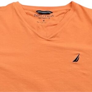 Nautica Performance‎ Tee Men’s Medium Orange V-Neck Logo Cotton Stretch Shirt